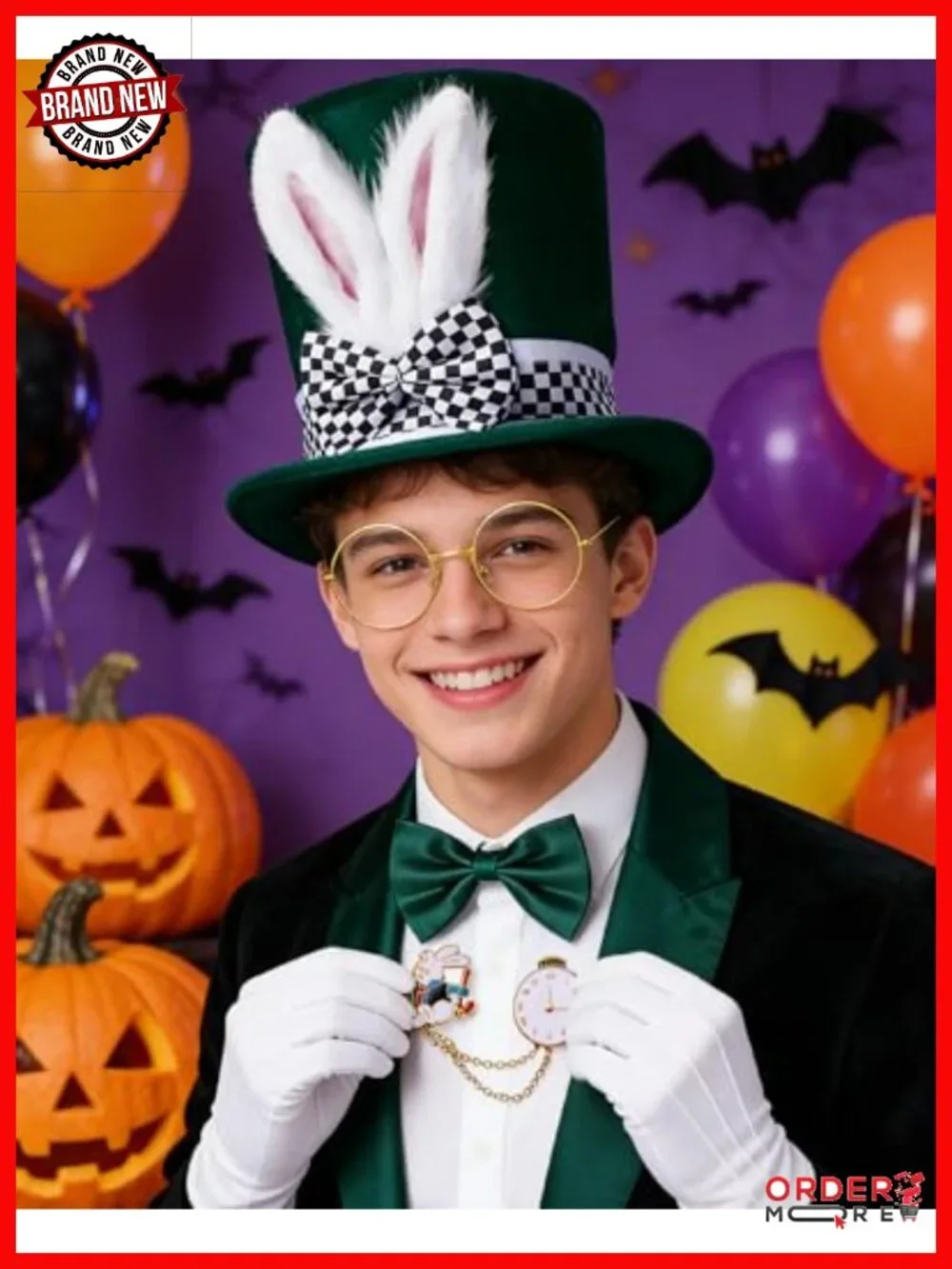 White Rabbit Costume Hat with Ears, Bow Tie, Gloves, Glasses, Brooch Set for